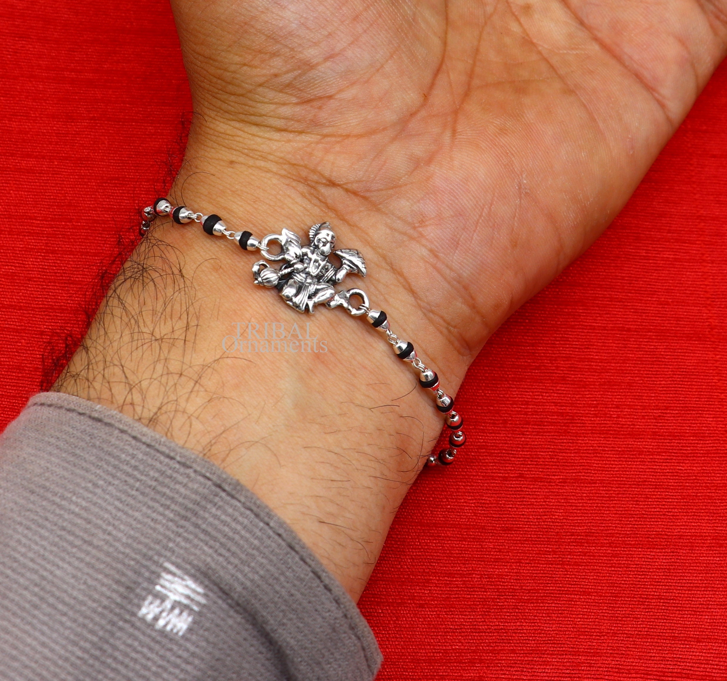 Lord Hanuman Holy Basil Rosary Beads Rakhi 925 Sterling Silver