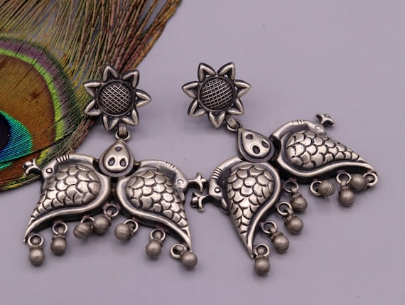 925 Sterling Silver Vintage Antique Style Peacock Earrings With