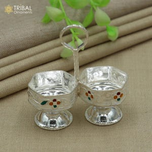 925 sterling silver flower design tilak combo mini bowl, tilak patra, puja utensils, temple article su1354