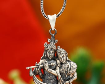 925 sterling zilveren hanger met afbeelding van de goden Radha en Krishna, inclusief ketting, tribale sieraden nsp1010