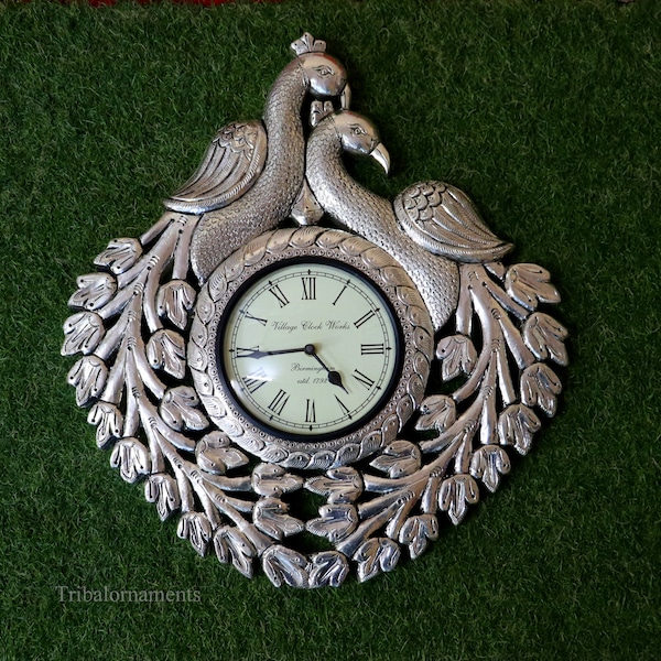 Vintage antikes Design Handarbeit 999 reines Silber Pfau Design große Größe Wanduhr, Holzsockel reines Silber Uhr Royal Jewel sf06