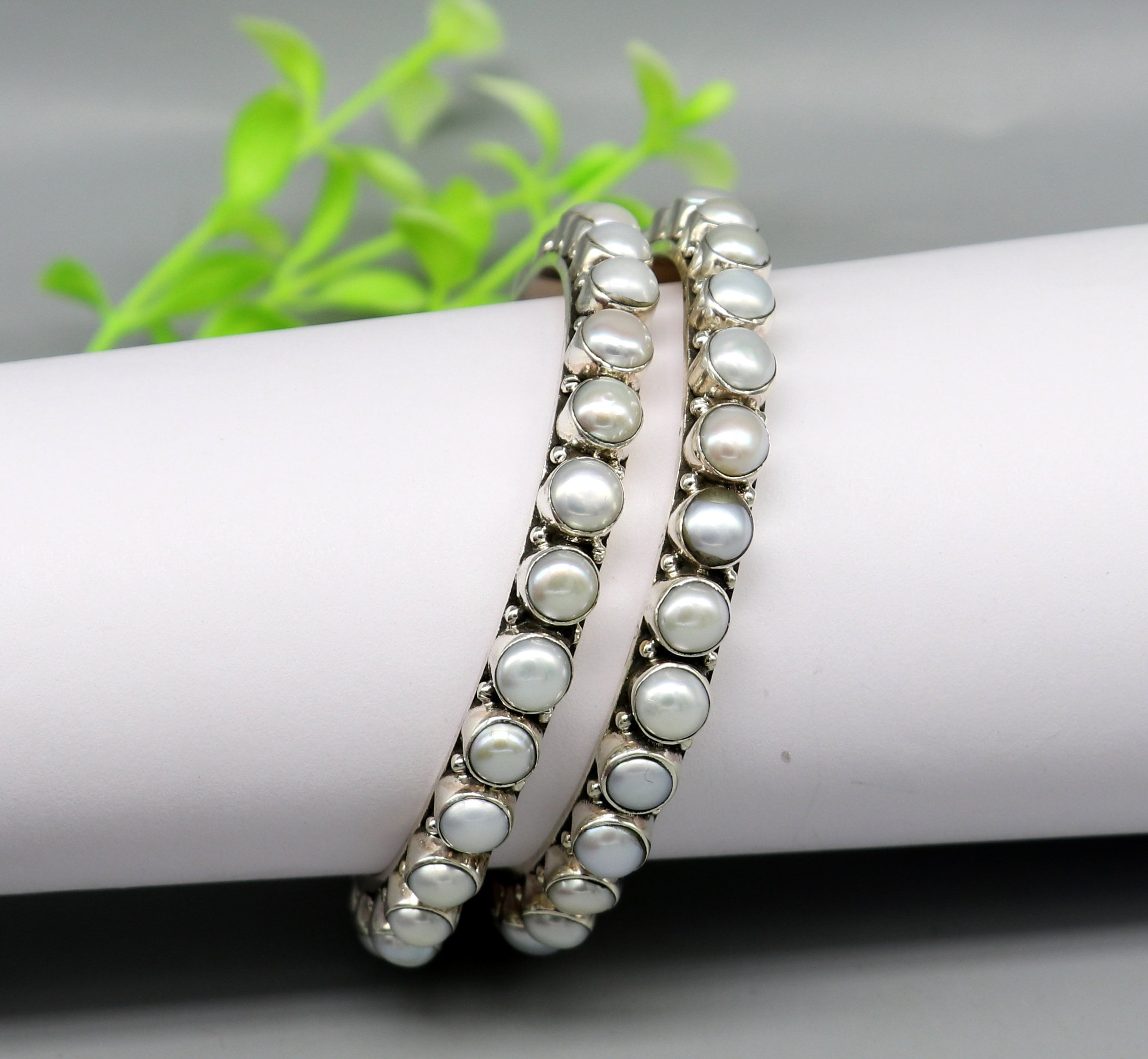 Excellent Designer 925 Sterling Silver Pearl Bangle Bracelet