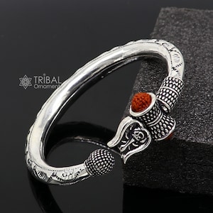 Divine Lord Shiva trident trishul trishool kada 925 Sterling silver handmade bangle bracelet with natural Rudraksha magical  kada nsk739