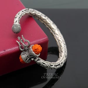 925 Sterling silver handmade chitai work Lord Shiva trident trishul kada bangle bracelet with natural Rudraksha customized kada nsK567