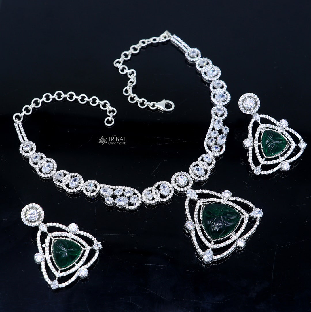 925 Sterling Silver Handmade Cz Stone and Green Stone Necklace Set