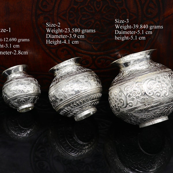 Argent sterling massif fait à la main simple petit Kalash ou pot, article puja en argent unique, eau ou lait shiva kalash pot india su351