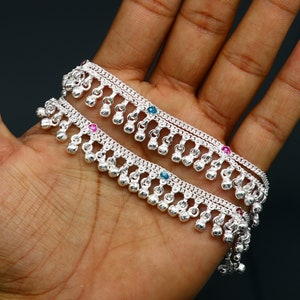 6.5&quot; long Sterling silver customized baby anklets, stunning hanging waved jingling bells, charming noisy ankle bracelet kids jewelry ank409