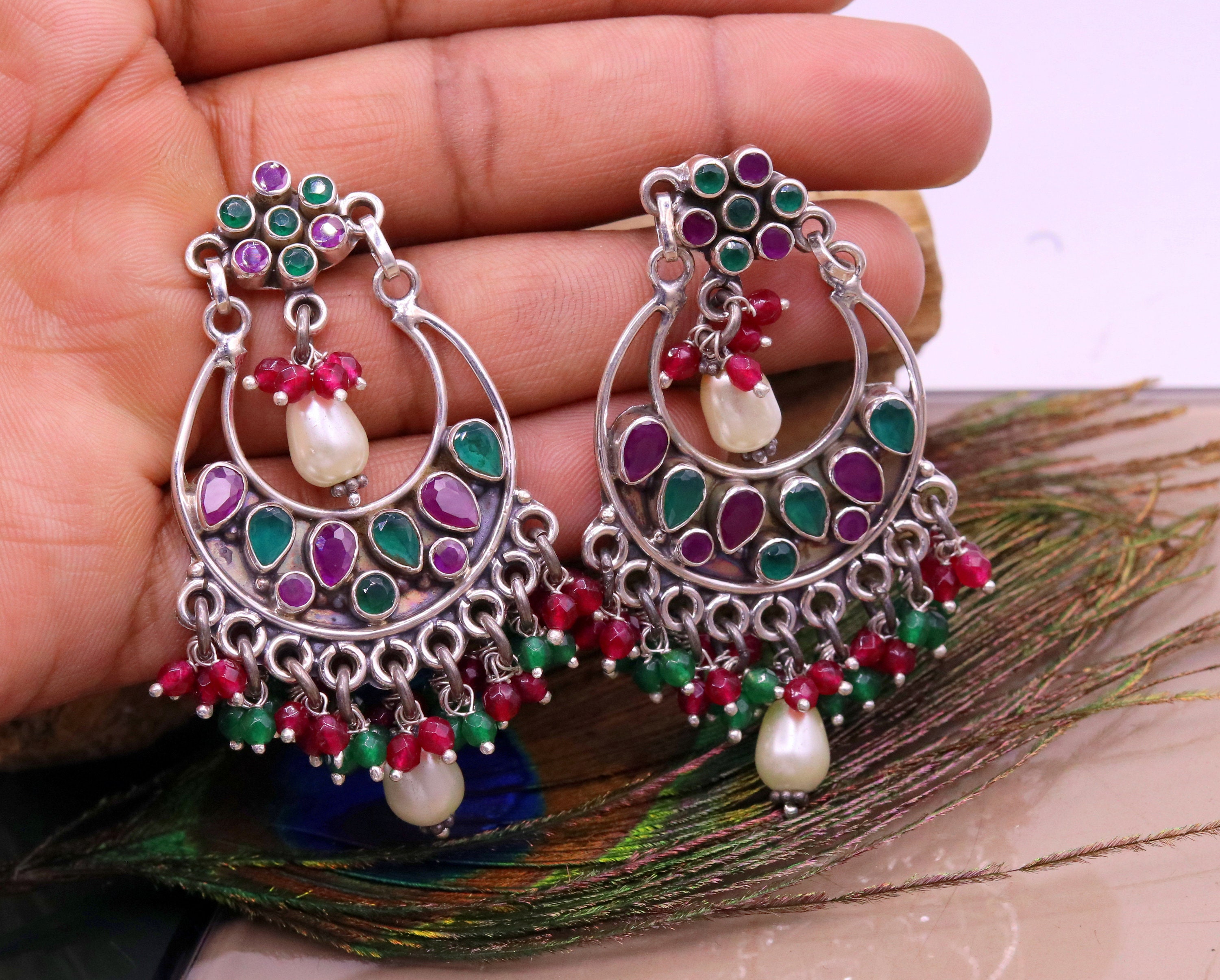 Vintage Design 925 Sterling Silver Handmade Gemstone Stud