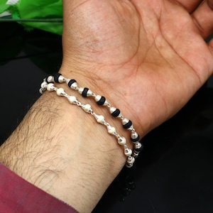 Black and white holy basil rosary plant /tulsi plant wood beaded Sterling silver handmade fabulous 2 line bracelet jewelry India sbr264