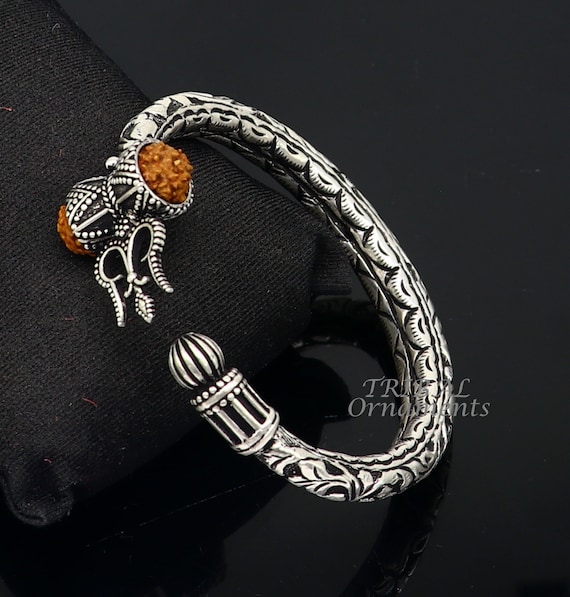 925 Sterling silver handmade chitai work Lord Shiva trident trishul kada bangle  bracelet with natural Rudraksha customized kada nsk419 | TRIBAL ORNAMENTS