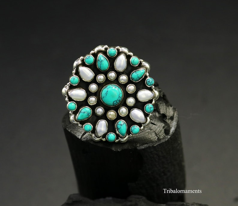 925 sterling silver handmade fabulous ring with gorgeous turquoise stone and pearl awesome adjustable customized ring unisex jewelry sr261