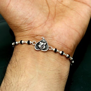 Pure 925 sterling silver Ganesha design tulsi beaded Rakhi Bracelet, special personalized Rakshabandhan gift for brother rk013
