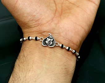 8 inches long handmade solid 925 sterling silver Ganesha design tulsi beaded Rakhi Bracelet, special personalized Rakshabandhan gift rk13