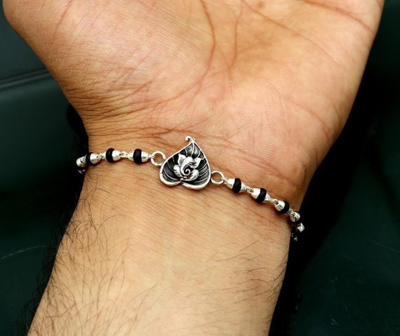 Pure 925 Sterling Silver Ganesha Design Tulsi Beaded Rakhi