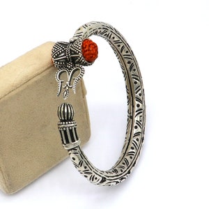925 Sterling silver handmade chitai work Lord Shiva trident trishul kada bangle bracelet with natural Rudraksha customized kada NSK517