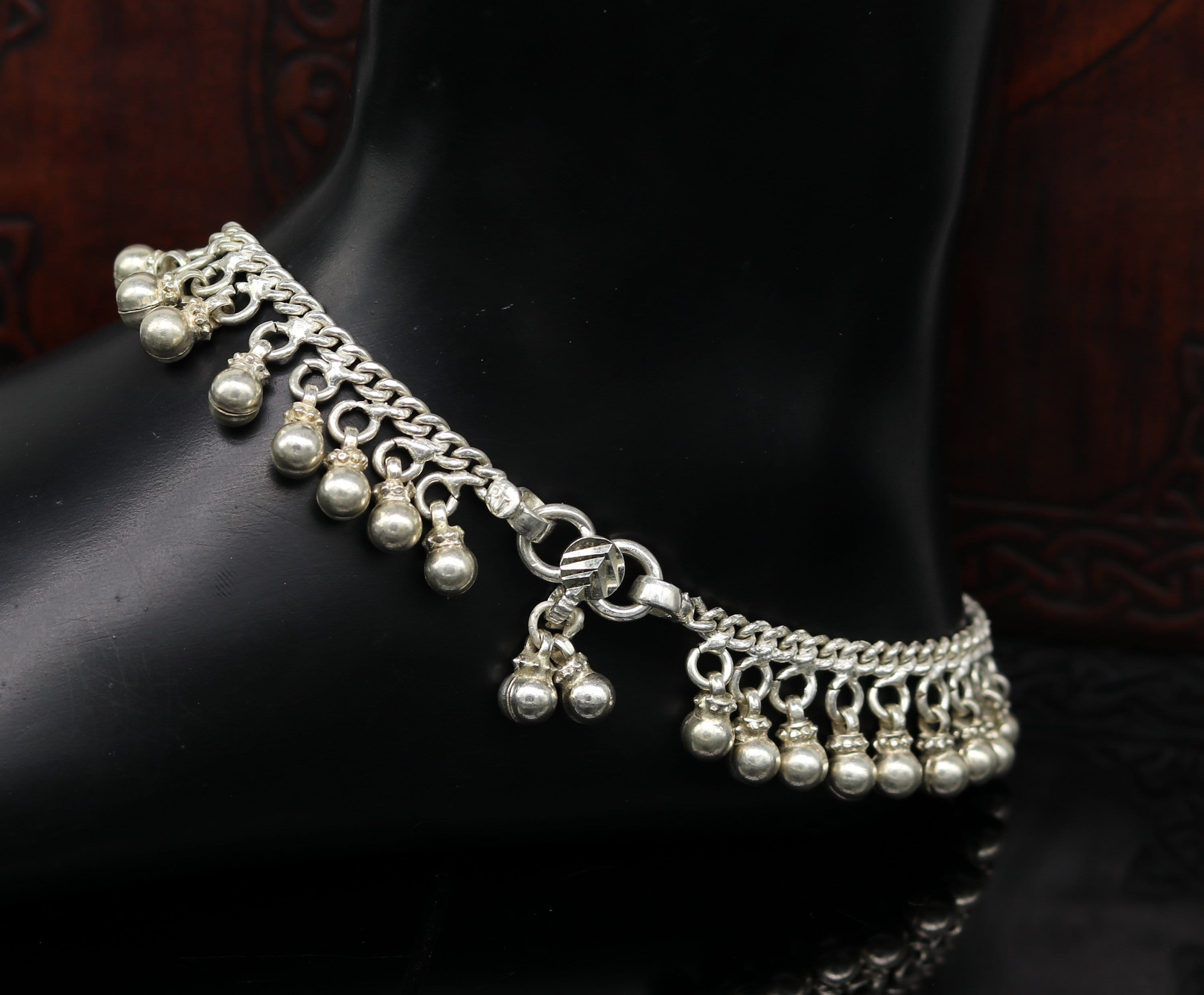 TribalOrnaments Solid Sterling Silver Handmade Vintage Style Heavy Noisy Bells Single Anklet ,amazing Tribal Ankle Jewelry Belly Dance Jewelry nank271