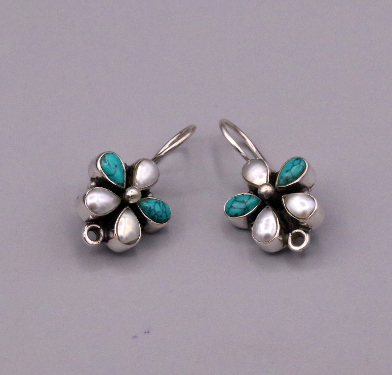 925 Sterling silver handmade fabulous Hoops earrings with gorgeous pearl and turquoise stone flower shape stylish jewelry from india s102