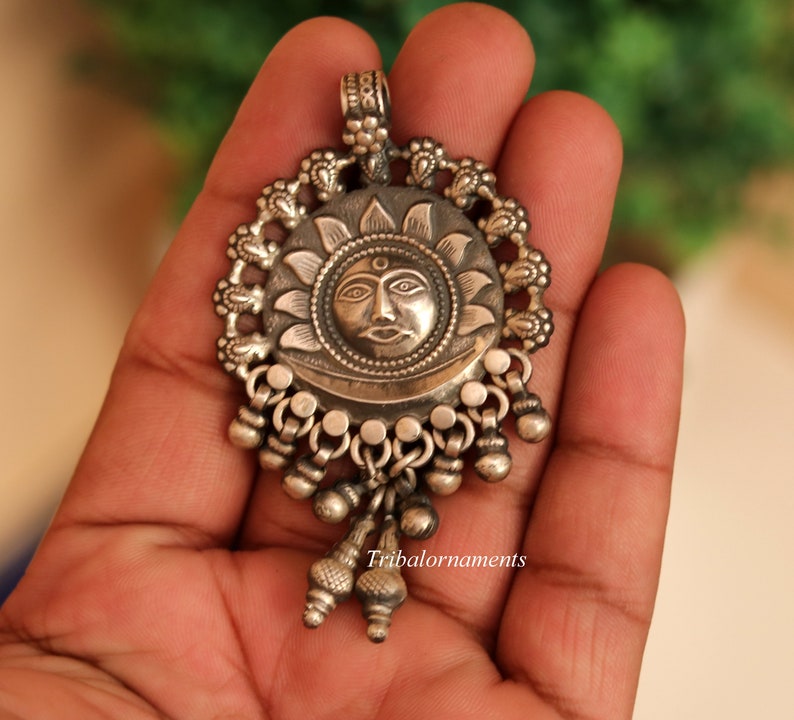 925 solid sterling silver handmade amazing sun face design customized tribal pendant necklace with fabulous hanging bells jewelry nsp362