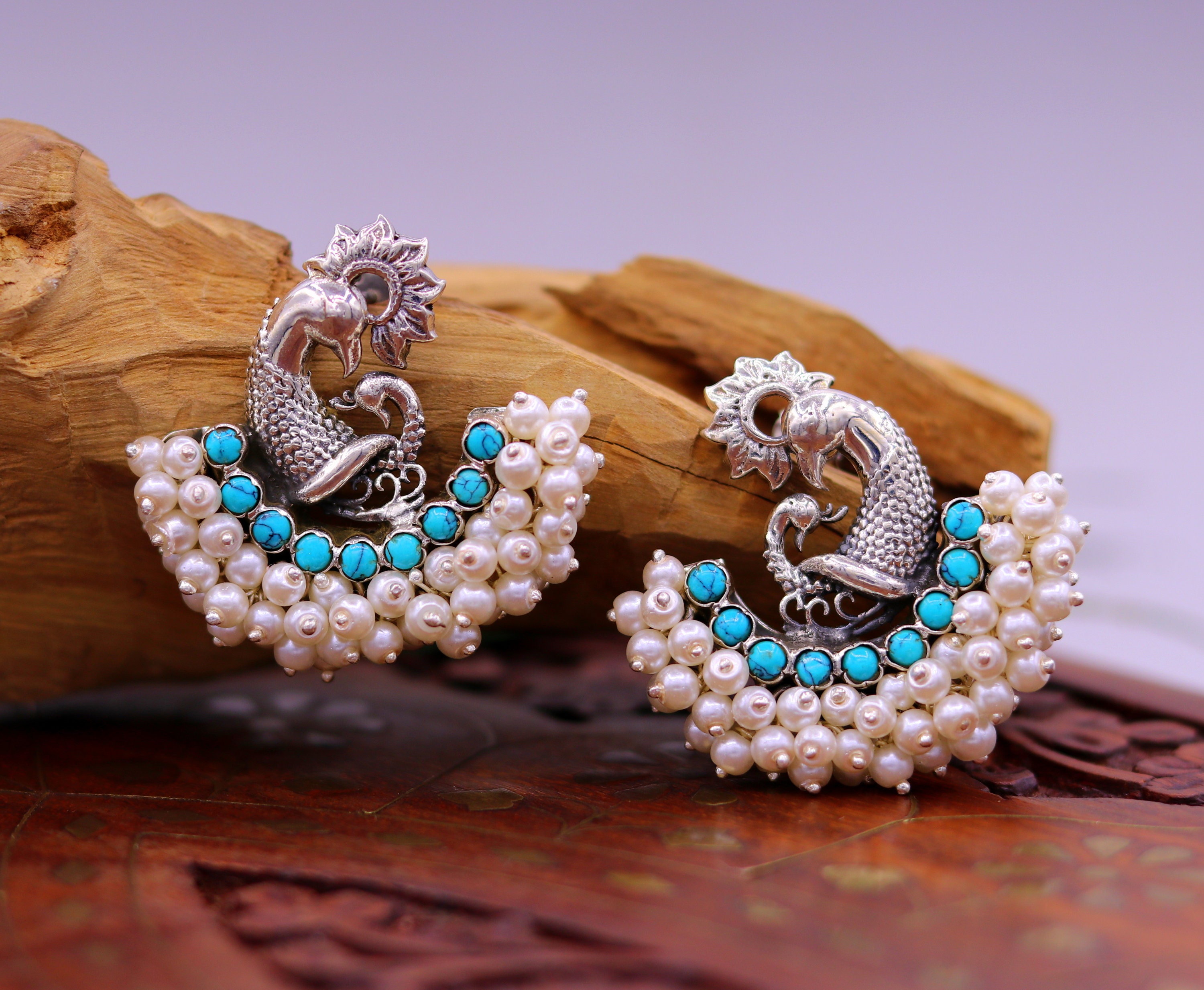 925 sterling silver handmade vintage antique Design peacock stud earring fabulous hanging pearl and turquoise stone earring jewelry s704