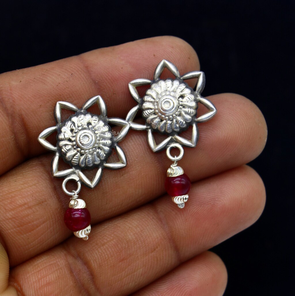 Orecchini A Bottone In Argento 925 Con Perle Nere Naturali - Fatte A Mano, Stile Tribale Boho, Gioielli Etnici Per Donna