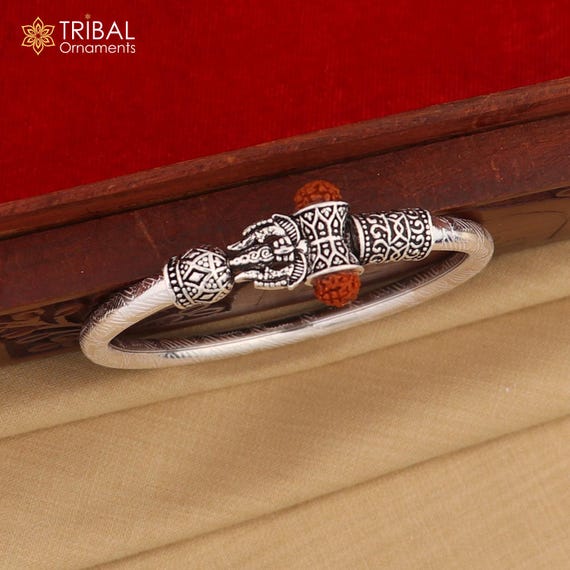 925 Sterling Silver Shiva Trishul and Rudraksha Bangle Bracelet