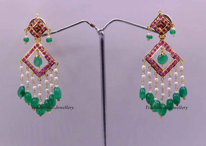 Authentic 22kt yellow gold handmade jadau earring dangling fabulous wedding anniversary gifting jewelry from rajasthan India image 6