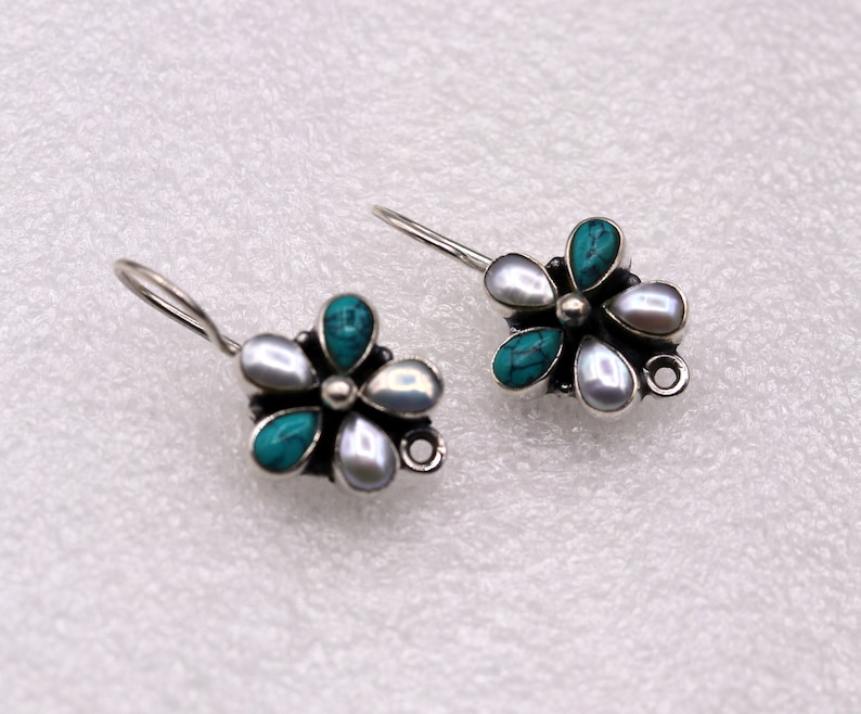 925 Sterling silver handmade fabulous Hoops earrings with gorgeous pearl and turquoise stone flower shape stylish jewelry from india s102