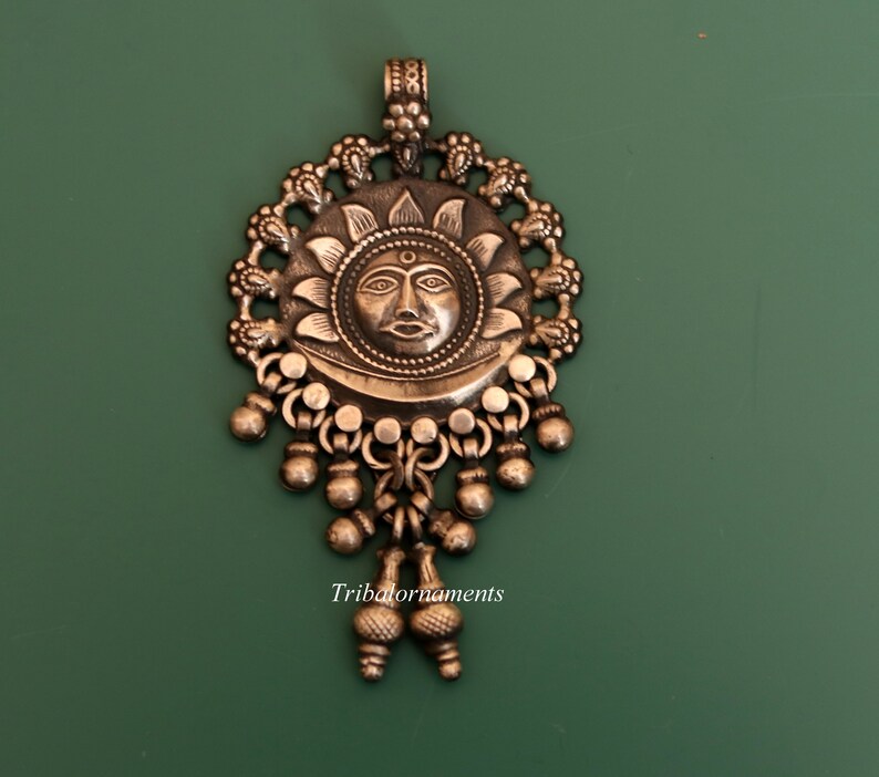 925 solid sterling silver handmade amazing sun face design customized tribal pendant necklace with fabulous hanging bells jewelry nsp362