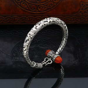 925 Sterling silver handmade chitai work Lord Shiva trident trishul kada bangle bracelet with natural Rudraksha bahubali kada nsk458