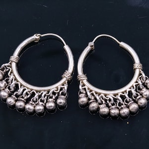 925 Sterling silver handmade fabulous hoops earrings with hanging bells amazing antique designer earrings jewelry for girl's s334