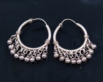 925 Sterling silver handmade fabulous hoops earrings with hanging bells amazing antique designer earrings jewelry for girl's s334