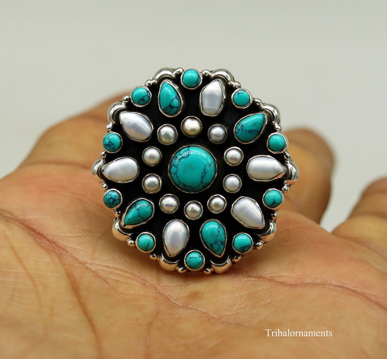 925 sterling silver handmade fabulous ring with gorgeous turquoise stone and pearl awesome adjustable customized ring unisex jewelry sr261