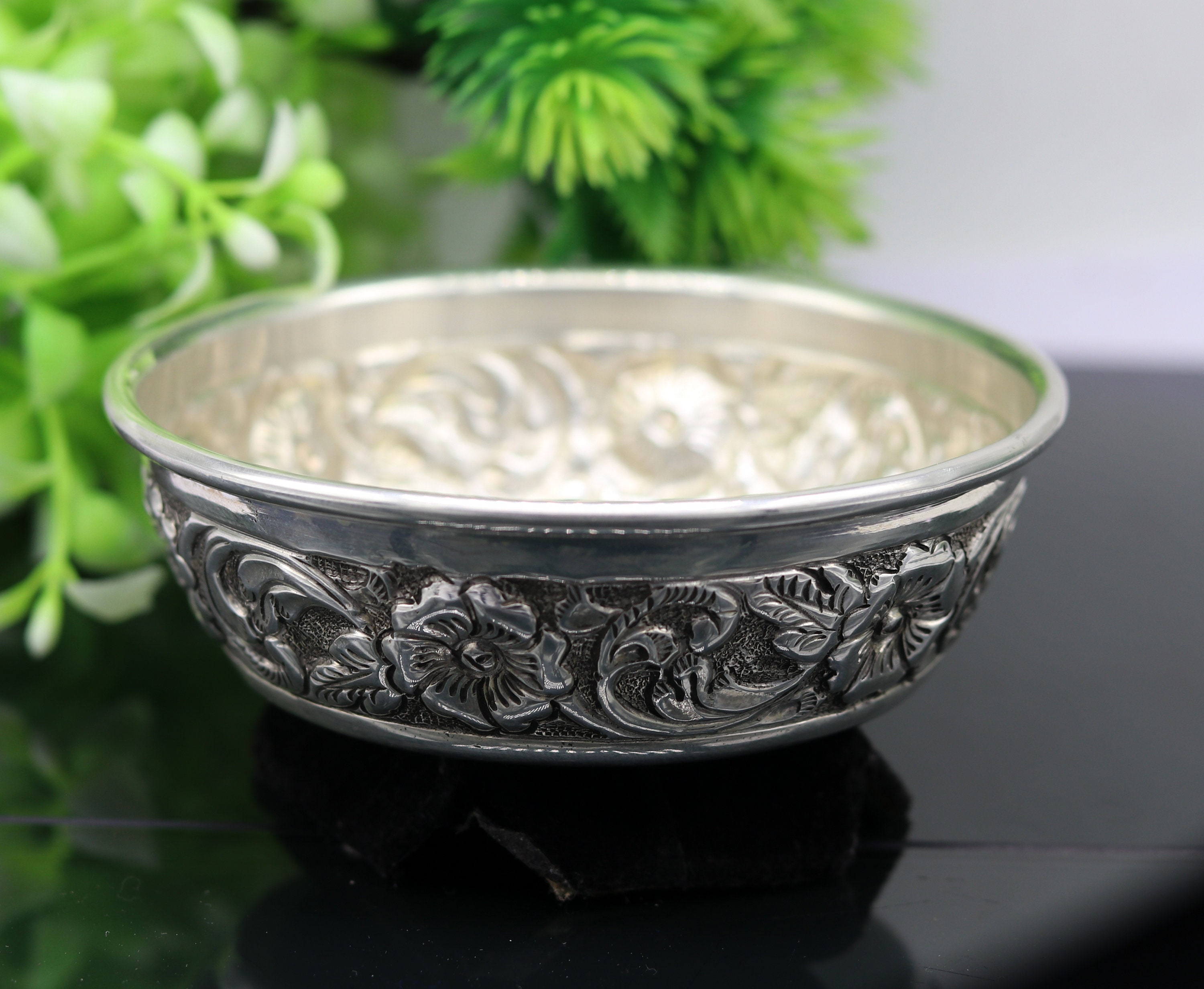食器 925 Sterling Silver Bowl 925 Sterling Silver Handcrafted Work Silver Bowl and Spoon, Silver