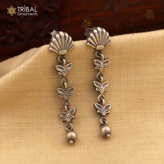 925 Sterling Silver Handmade Floral Design Drop Dangle Long