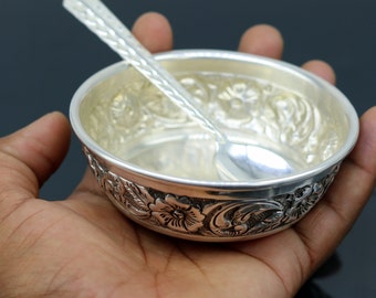Solid Silver Exclusive Handcrafted Work Baby Bowl and Spoon 