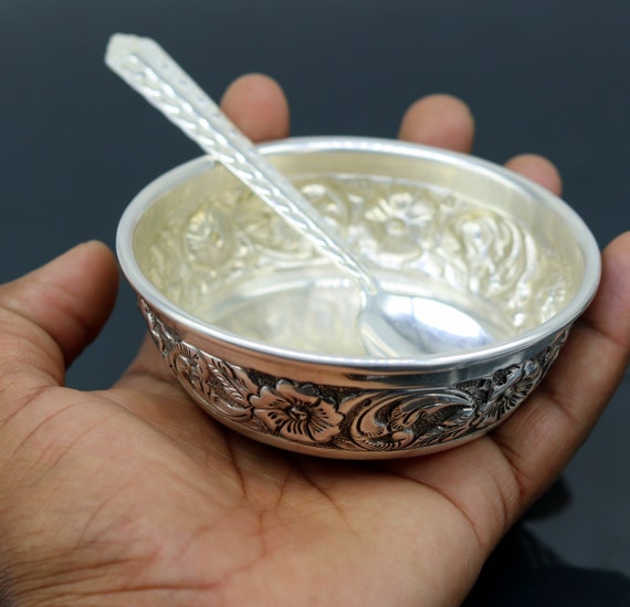 925 Sterling Silver Handcrafted Work Silver Bowl and Spoon, Silver
