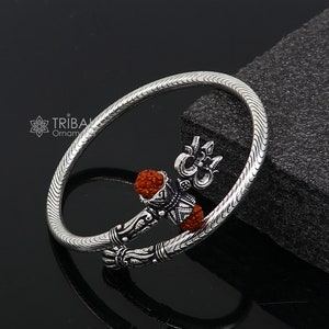 Trendy Lord Shiva trident trishul trishool kada 925 Sterling silver handmade bangle bracelet with natural Rudraksha magical  kada nsk744