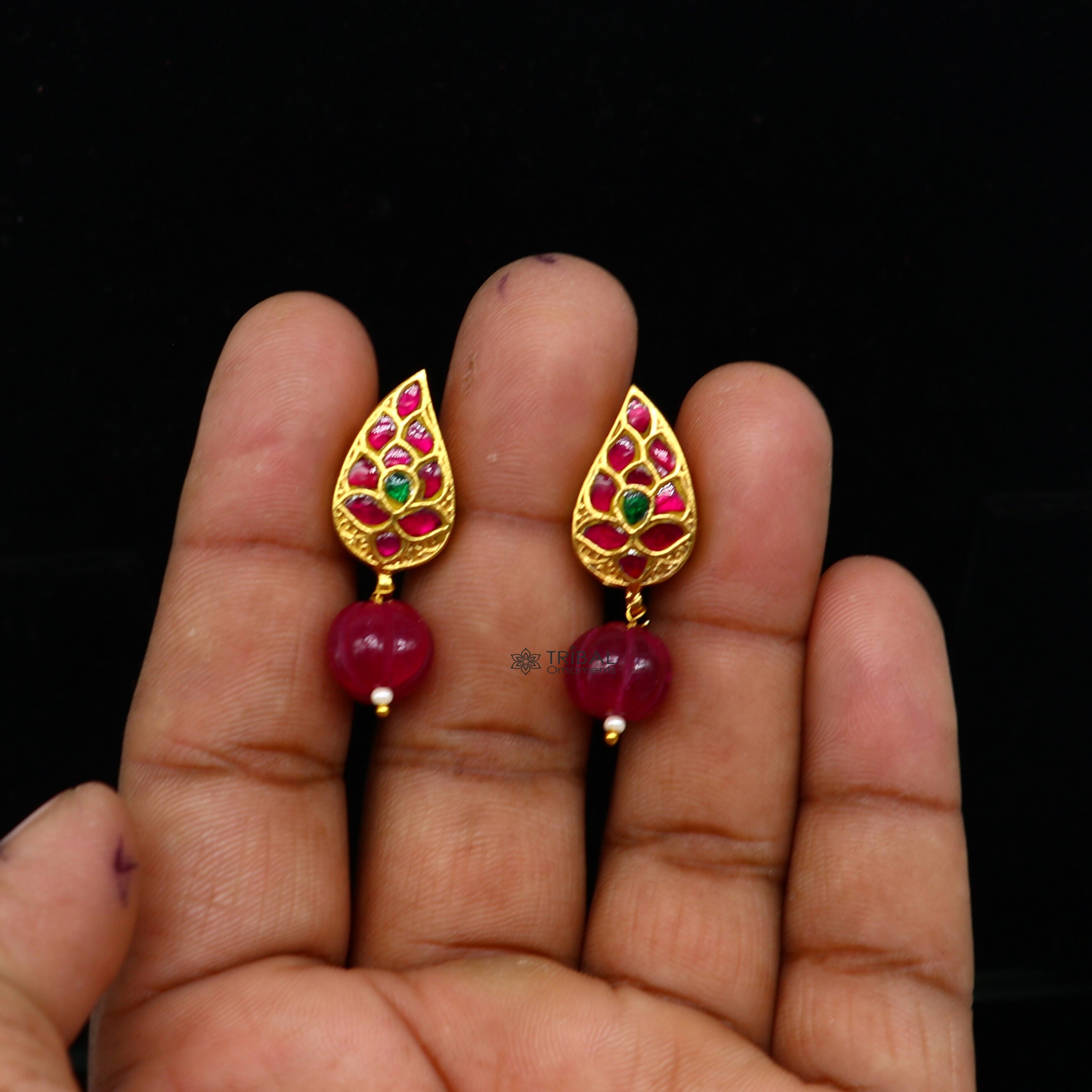 925 Sterling Silver Gold Polished Handmade Kundan Work Green