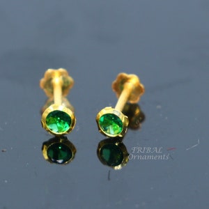 3mm 18k yellow gold handmade fabulous green cubic zircon stone excellent antique vintage design stud earrings pair unisex jewelry er156