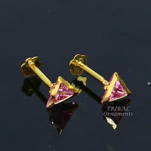 4mm tiny single pink stone handmade 18kt yellow gold combo jewelry we can use as stud or nose stud , baby stud cartilage jewelry er159