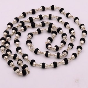 Handmade Sterling silver black basil rosary wood beads chain necklace for meditation excellent unisex tulsimala from india ch40