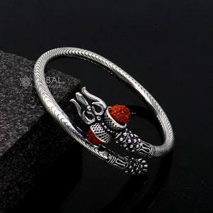 Trendy Lord Shiva trident trishul trishool kada 925 Sterling silver handmade bangle bracelet with natural Rudraksha magical  kada nsk741