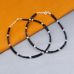 925 sterling silver double chain silver and black beaded anklet bracelet amazing light weight delicate anklets silver jewelry ank656