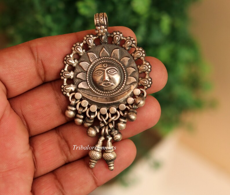 925 solid sterling silver handmade amazing sun face design customized tribal pendant necklace with fabulous hanging bells jewelry nsp362