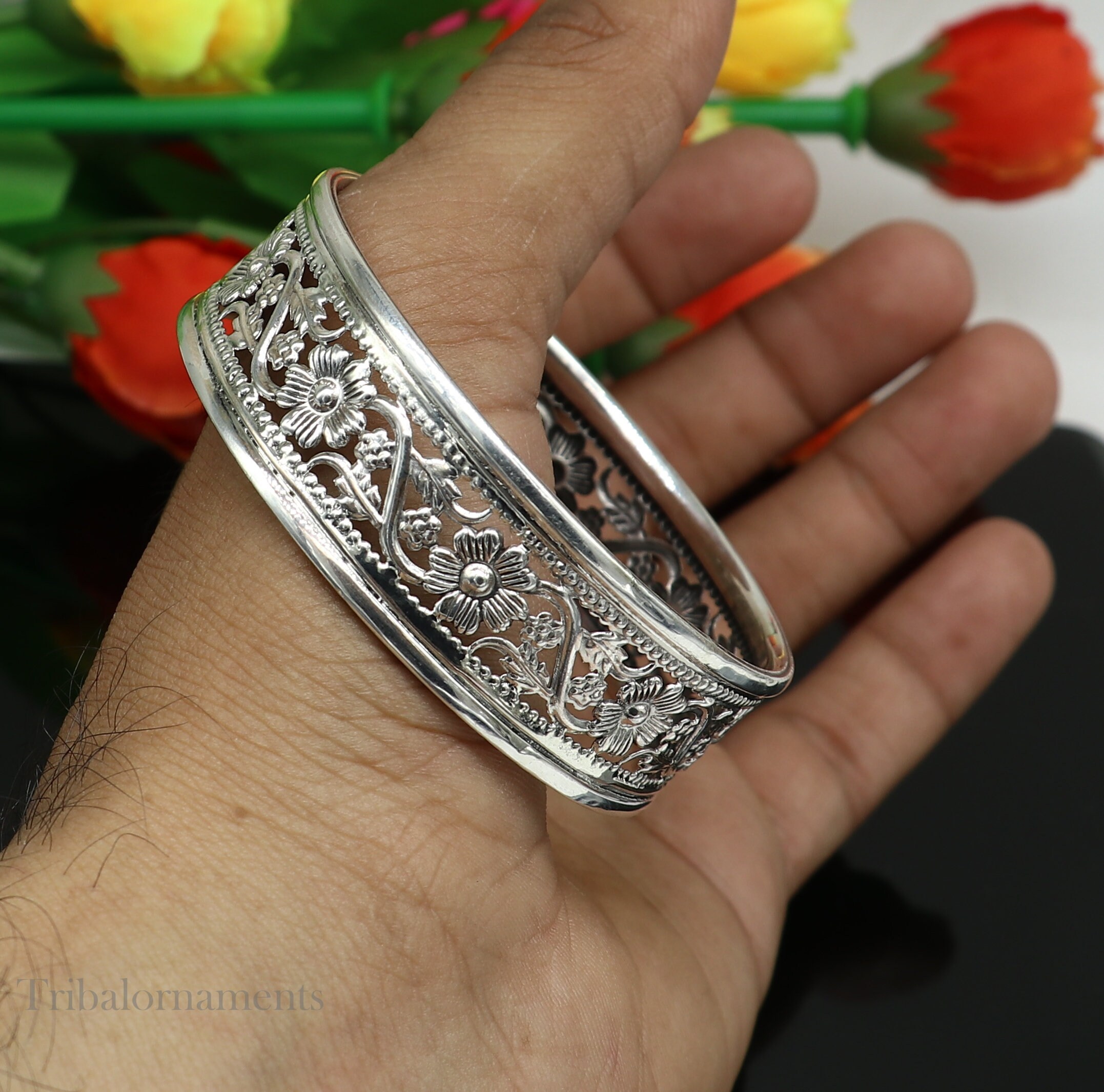 Floral style 925 sterling silver amazing customized bangle bracelet kada , best brides gifting ethnic stylish tribal jewelry ba118 Single bangle