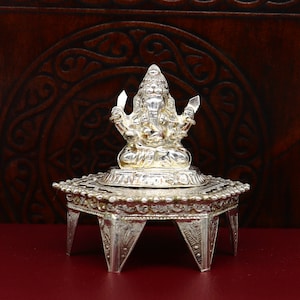 Lord Ganesha With Stand or Bazot, fabulous Sterling silver ganesha statue figurine for home temple diwali puja article utensils su375