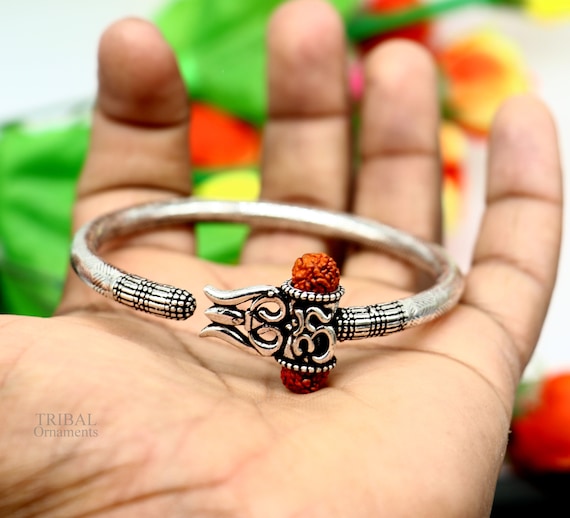 Exclusive 925 Sterling silver handmade chitai work Lord Shiva trident trishul  bangle bracelet natural Rudraksha beads customized kada nsk441 | TRIBAL  ORNAMENTS