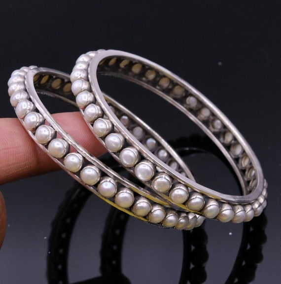 Bracelet Vintage En Argent Massif 925 Et Nacre - Jonc Simple - Très Bon état