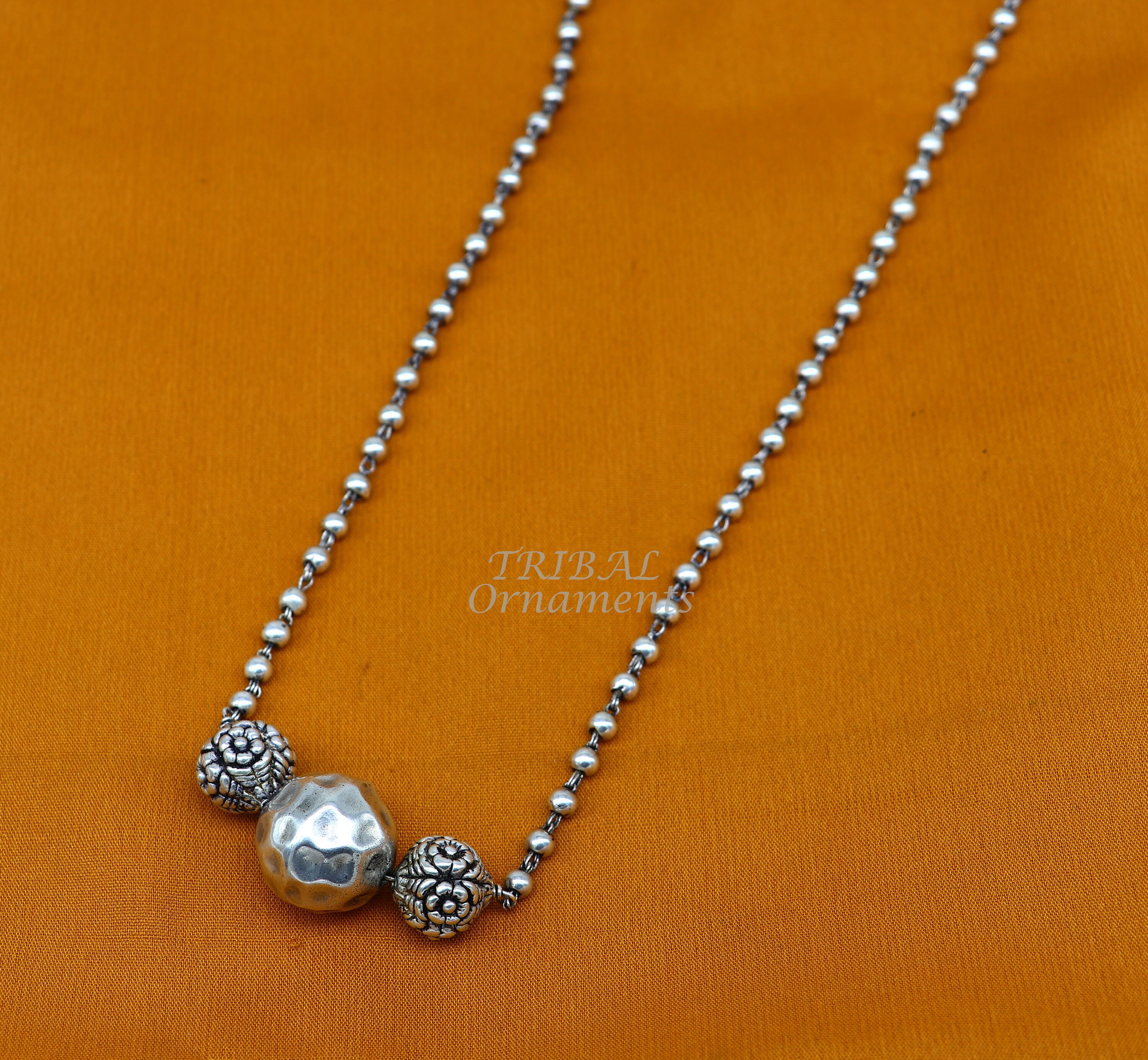 925 Sterling Silver Handmade 4mm Beads Long Necklace, Unique Ball 