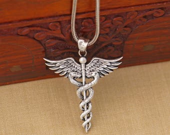 Colgante con símbolo de caduceo en plata de ley 925 con cadena, joyería tribal nsp1099